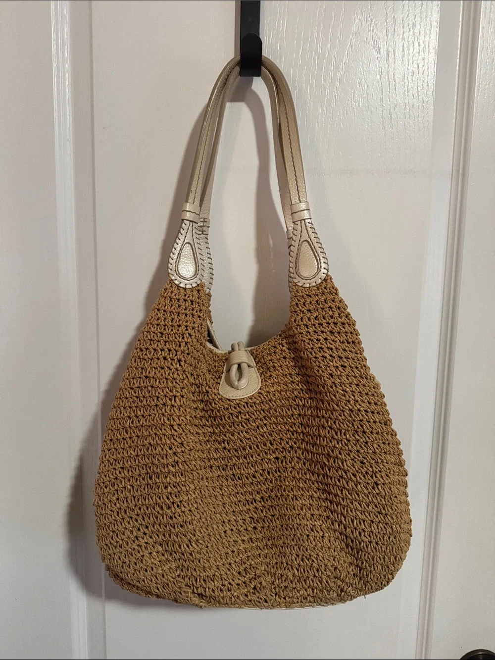 Brighton Tan Woven Hobo with Cream Floral Appliqué